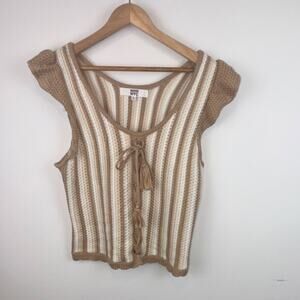Madden NYC Crochet Striped Tie Front Sleeveless Blouse XL Beige White Boho
